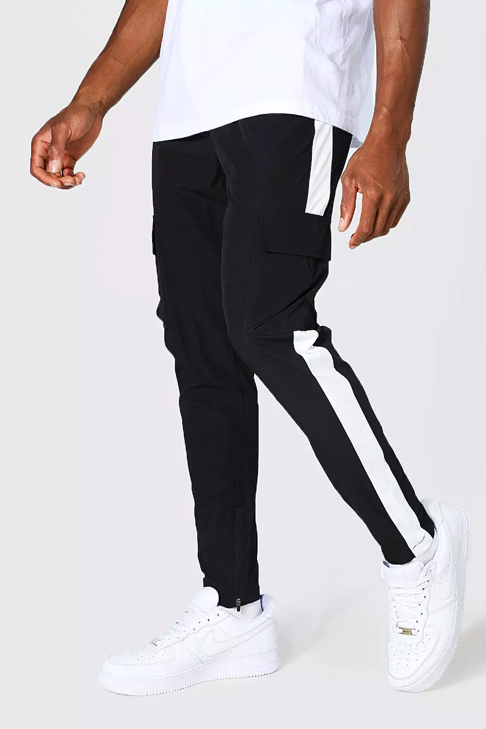 Black Man Slim Stretch Side Stripe Cargo Trousers alternative image