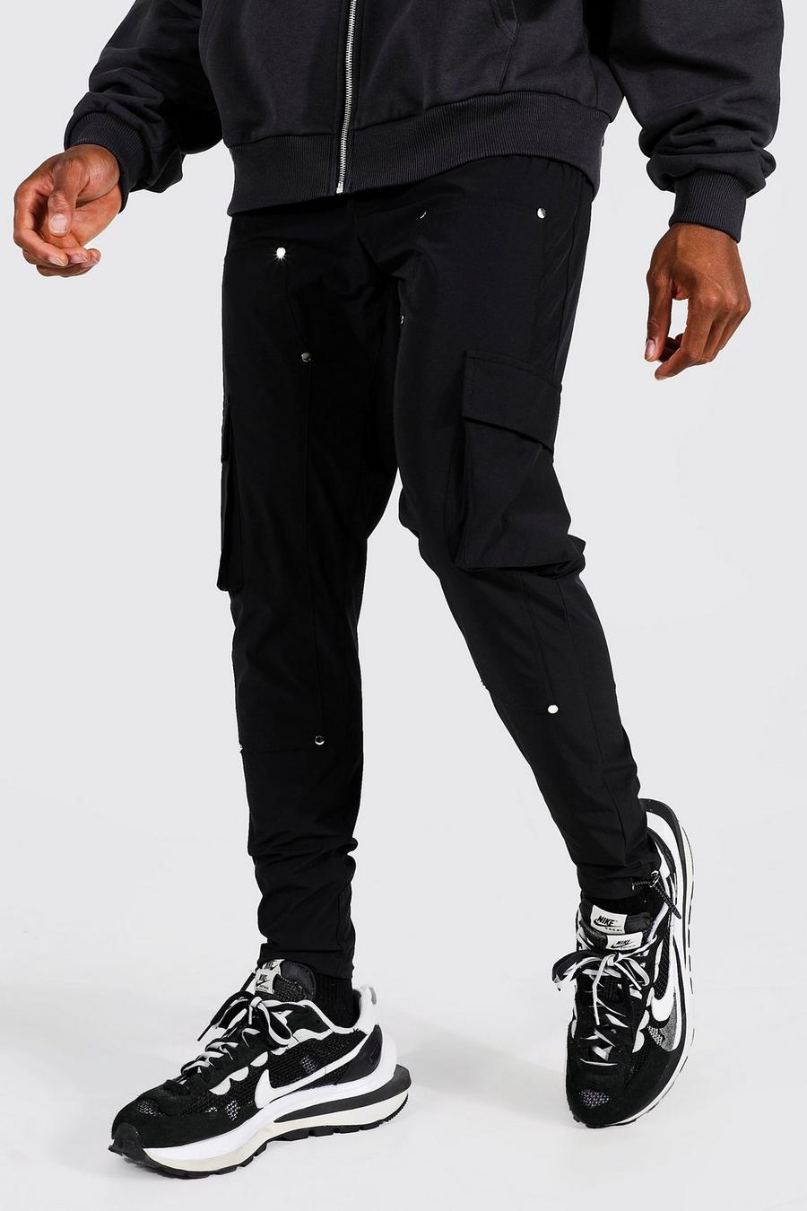 Black Man Slim Stretch Worker Panel Cargo Trousers image number 1