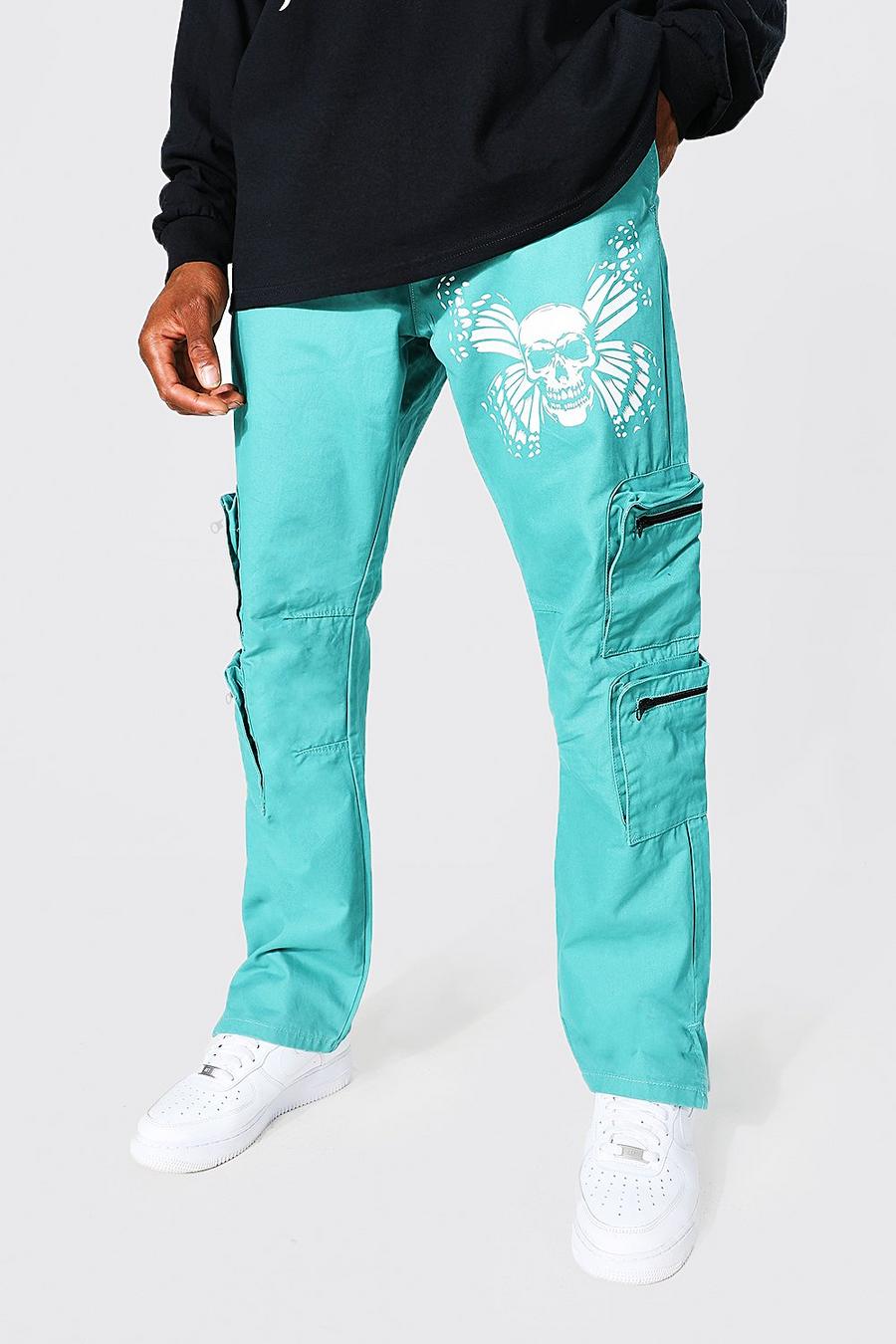 Teal Straight Leg Skull Print Cargo Trousers image number 1