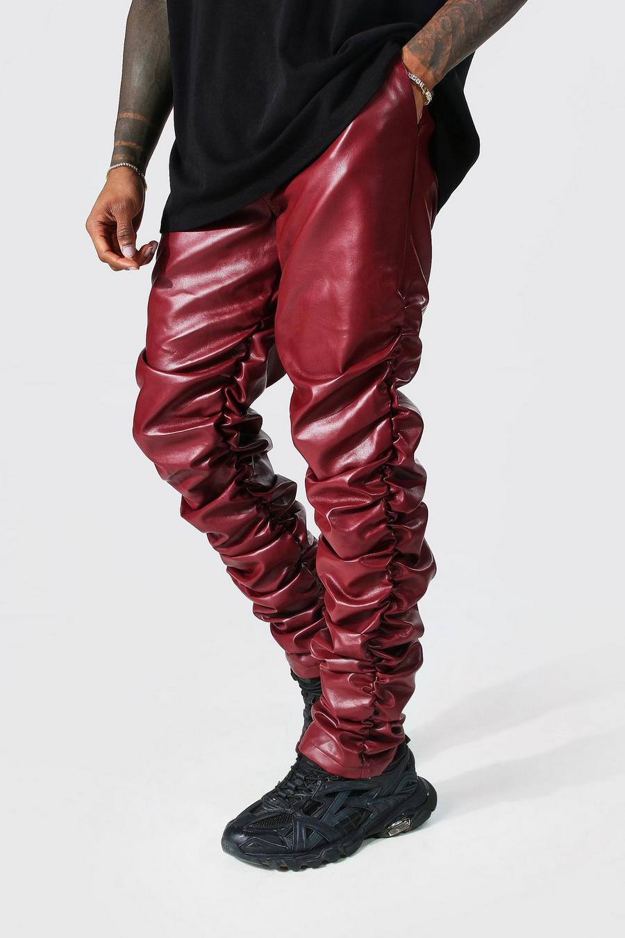 Burgundy Slim Fit Ruched Pu Trousers image number 1