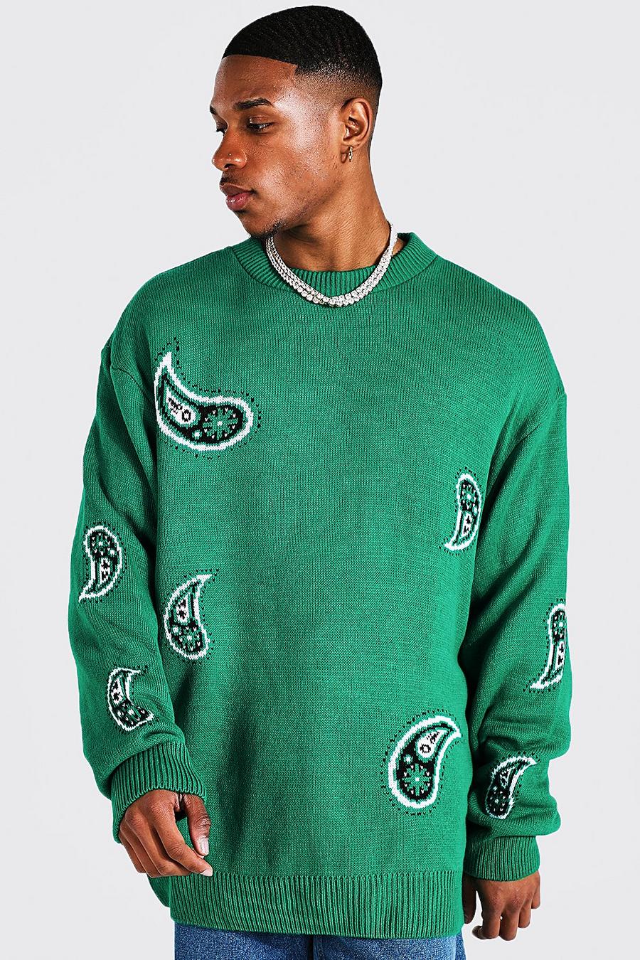 Green Oversize stickad tröja med paisleymönster image number 1