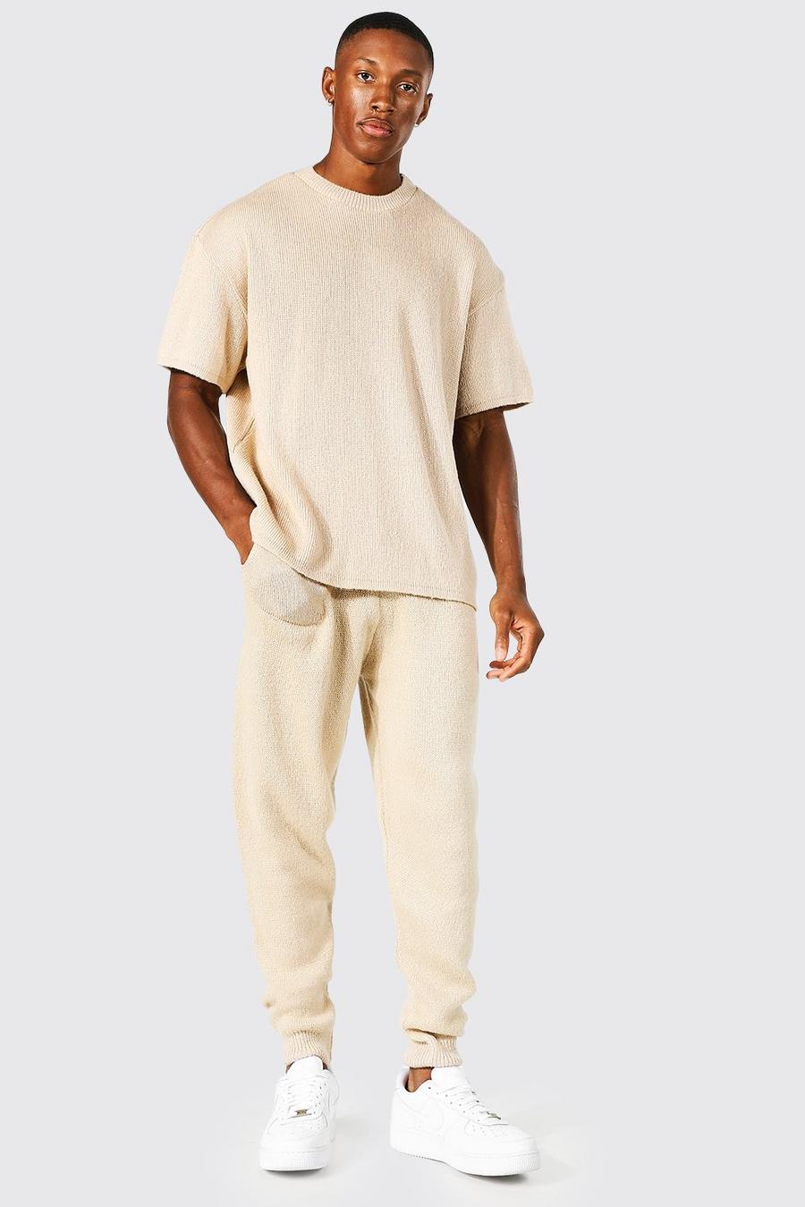 Set T-shirt & pantaloni tuta in maglia rasata con collo esteso, Stone beige image number 1