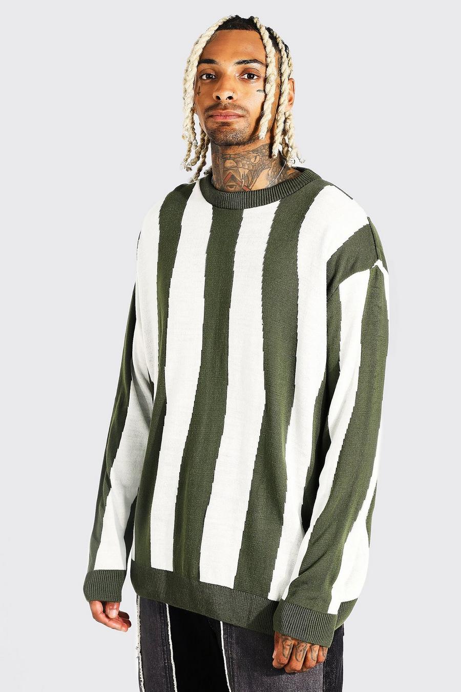 Khaki Oversized Abstract Stripe Knitted Jumper image number 1