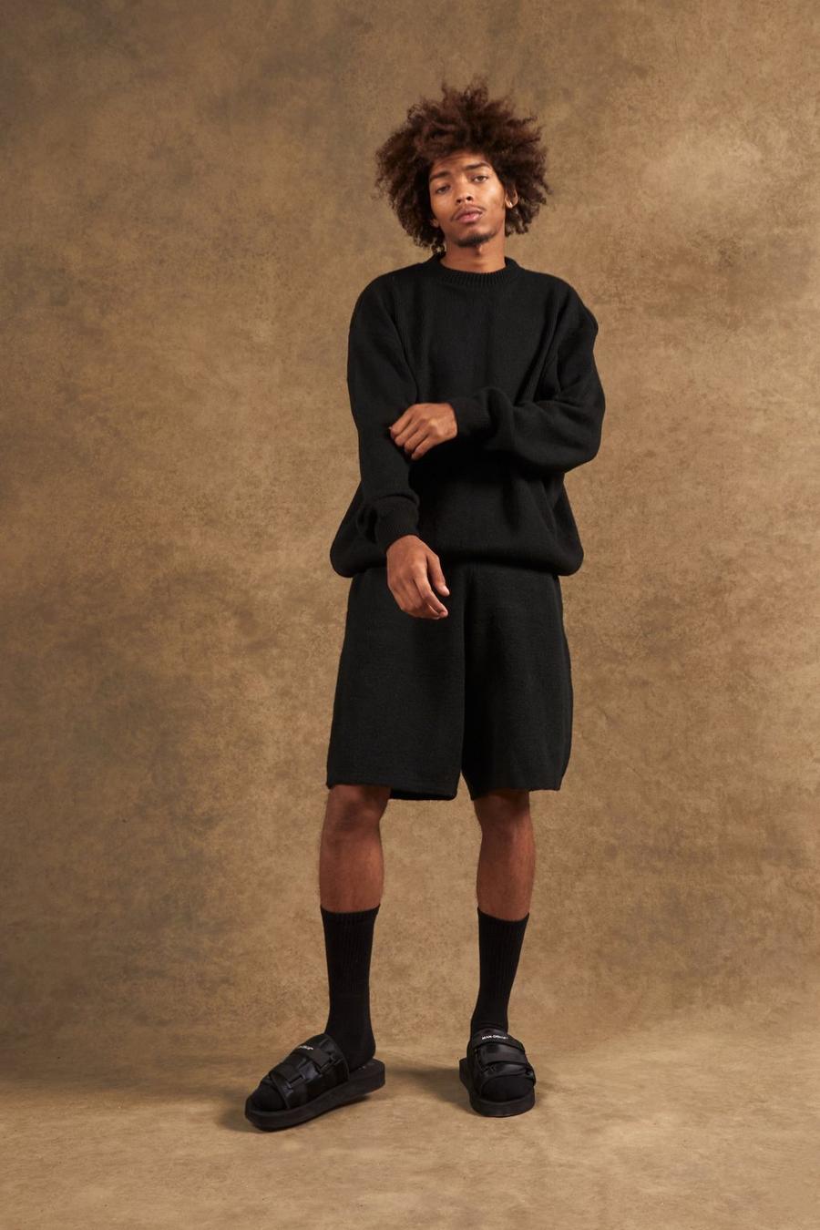 Trainingsanzug mit Strick-Pullover und Shorts, Schwarz black image number 1
