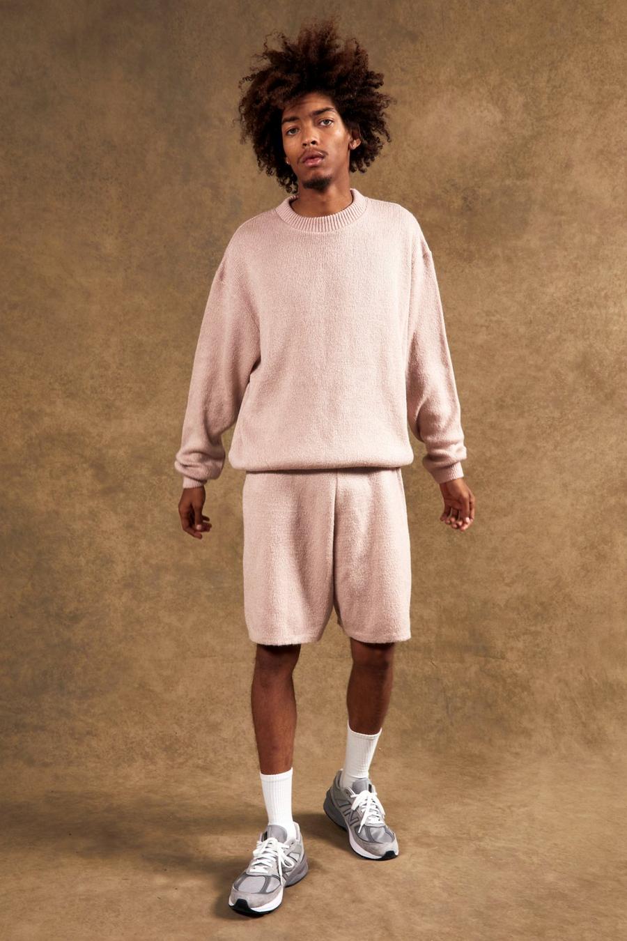Set maglione in maglia rasata con girocollo esteso & pantaloncini, Pale pink rosa image number 1