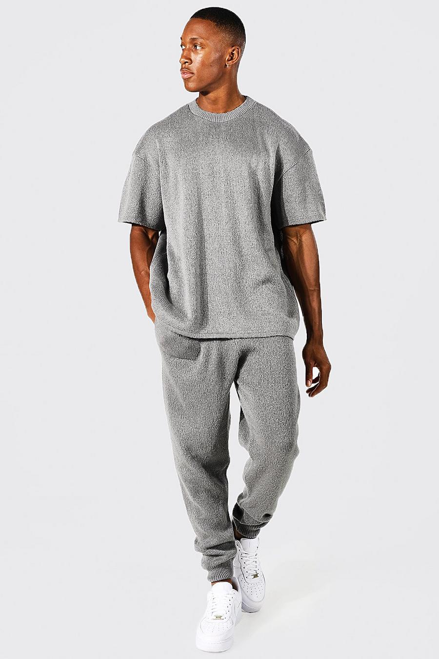 Grey marl grå Brush Knit Extended Neck T-shirt & Jogger Set image number 1