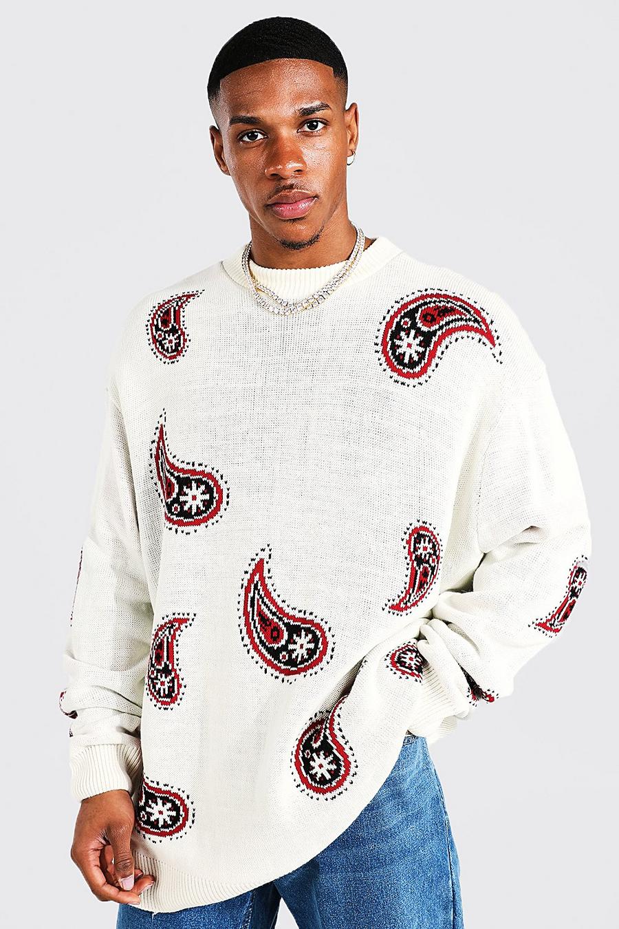 Cream Oversized Paisley Knitted Jumper image number 1