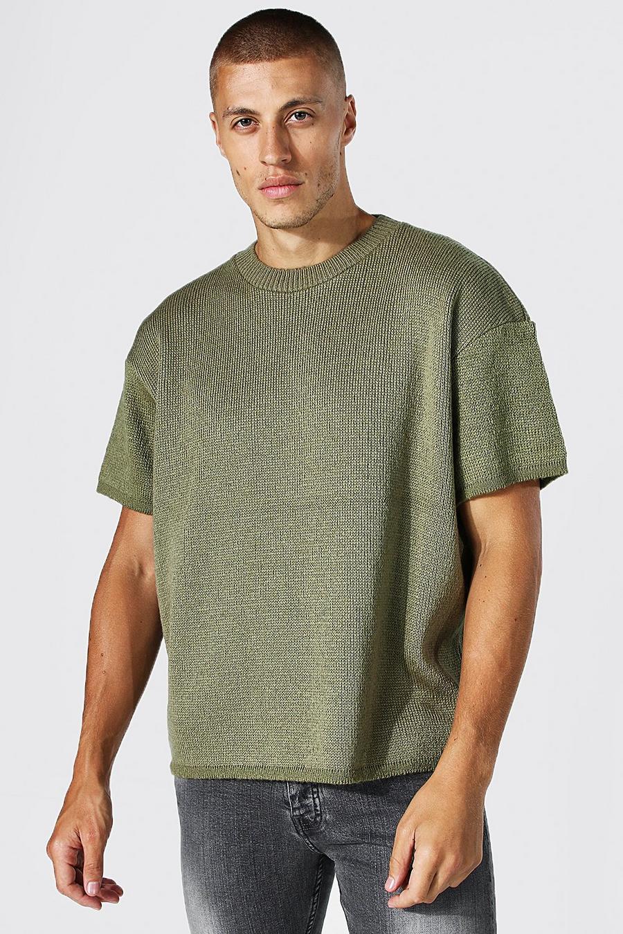 Khaki Brushed Knit Boxy Drop Shoulder T-Shirt image number 1