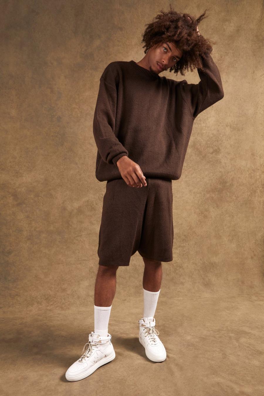 Trainingsanzug mit Strick-Pullover und Shorts, Schokoladenbraun brown image number 1