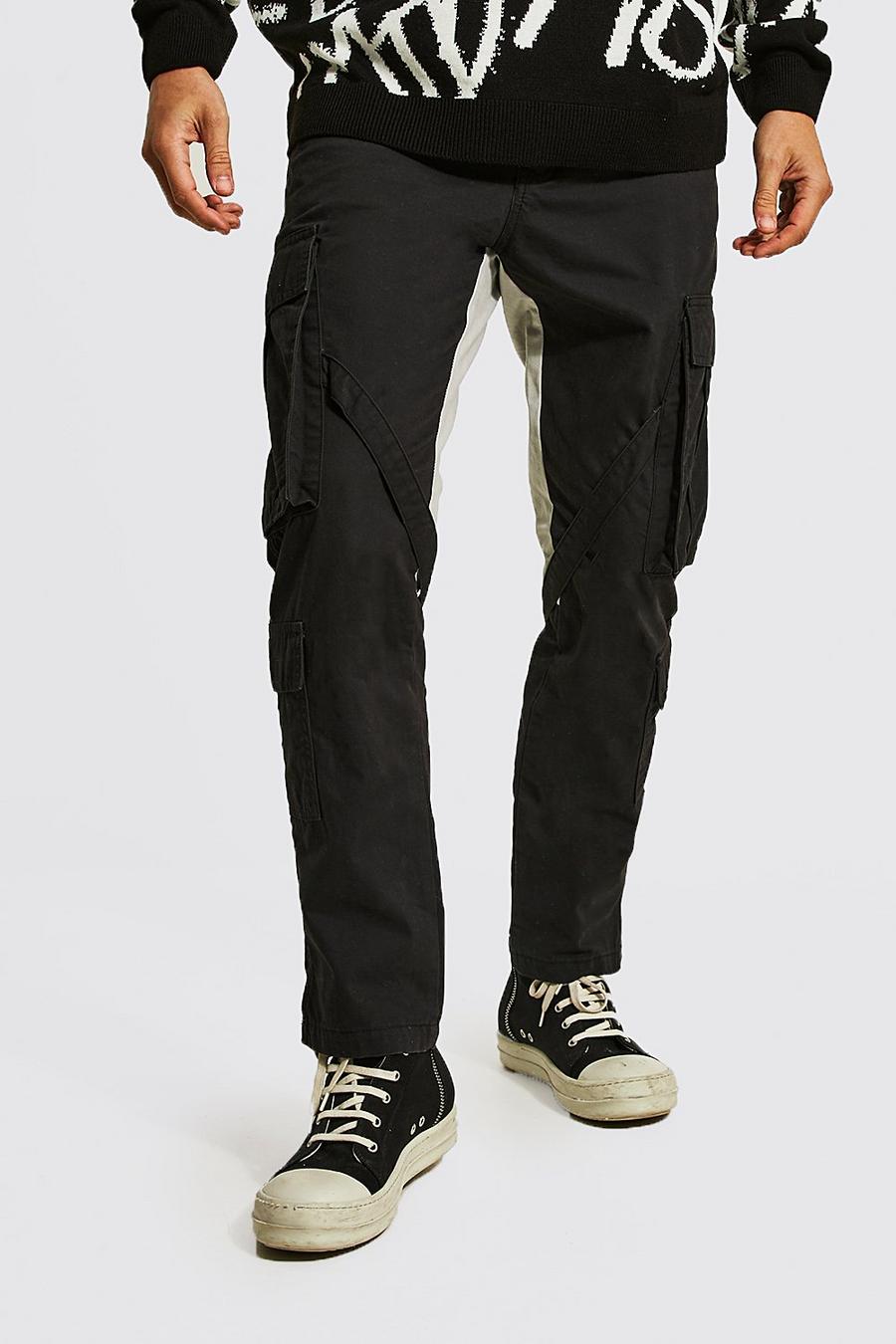 Pantalon cargo droit à empiècements contrastant, Black noir image number 1