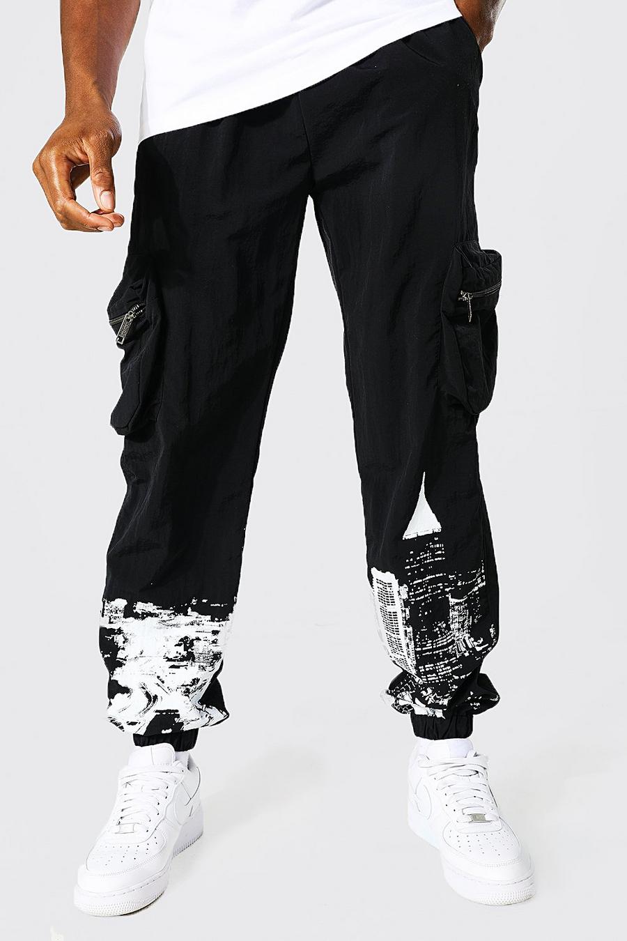 שחור מכנסי דגמ"ח עם שכבת בד פנימית, הדפס קו רקיע וכיתוב Official Man image number 1