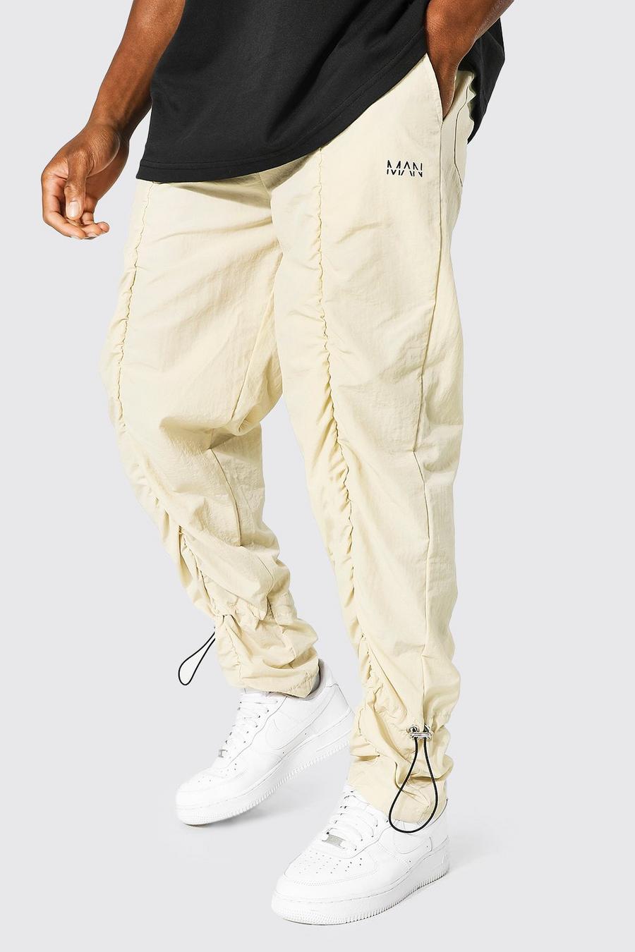 Pantaloni Man dritti in tessuto Shell con ruches, Stone beige image number 1