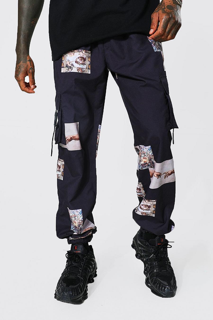שחור מכנסי דגמ"ח עם שכבת בד פנימית עם הדפס בסגנון רנסנס וכיתוב Official Man image number 1