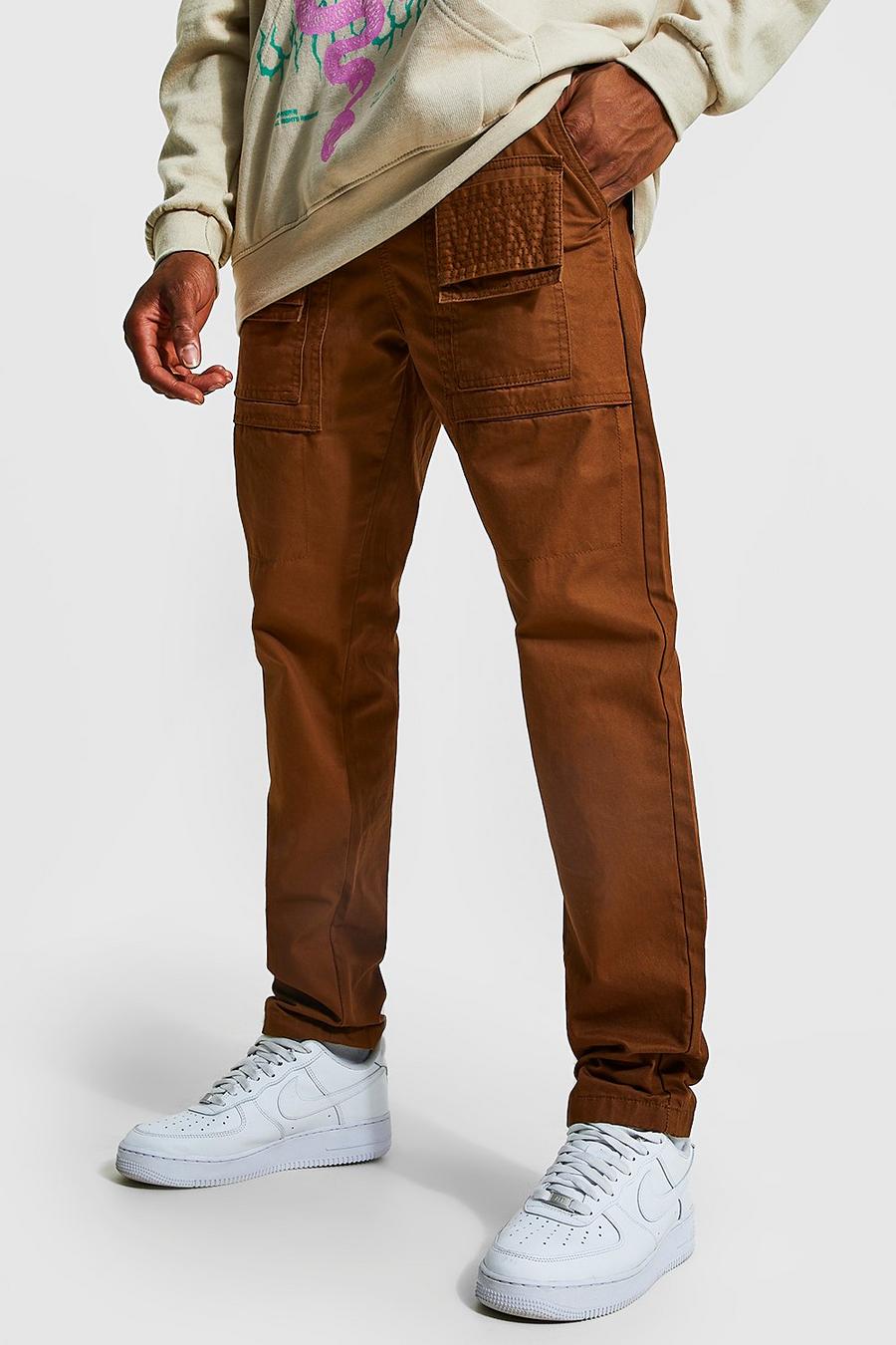 Slim Cargo-Hose mit Taschen, Chocolate brown image number 1