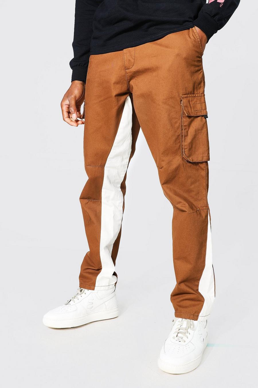 Brown Fixed Waist Straight Contrast Panel Cargo image number 1