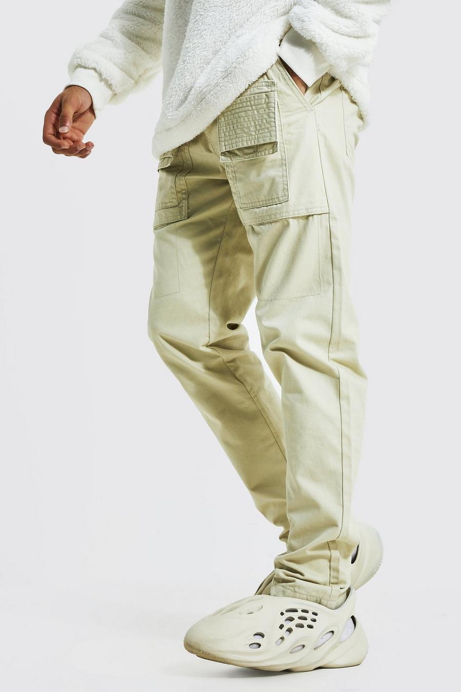 Stone Slim Cargo Trousers With Multilayered Pocket image number 1