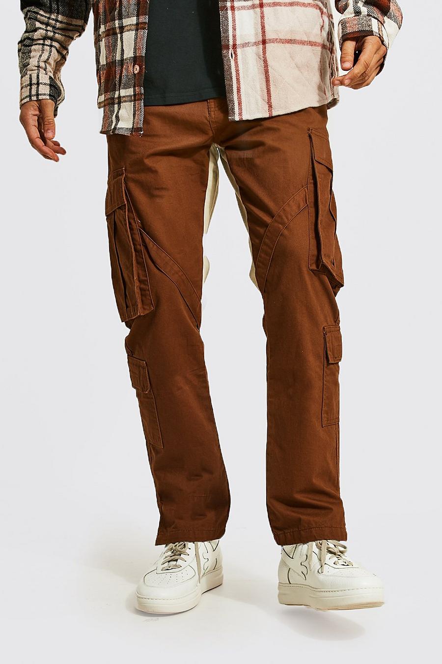 Pantalon cargo droit à empiècements contrastants, Brown marron image number 1