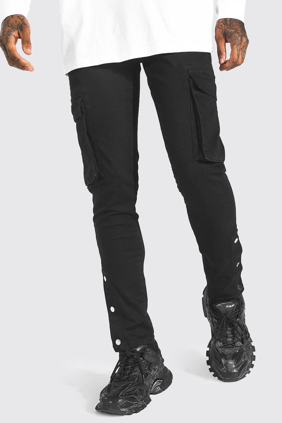 שחור אמיתי סקיני ג'ינס דגמ"ח נמתח עם תיקתקים ושיבוץ ריינסטון image number 1