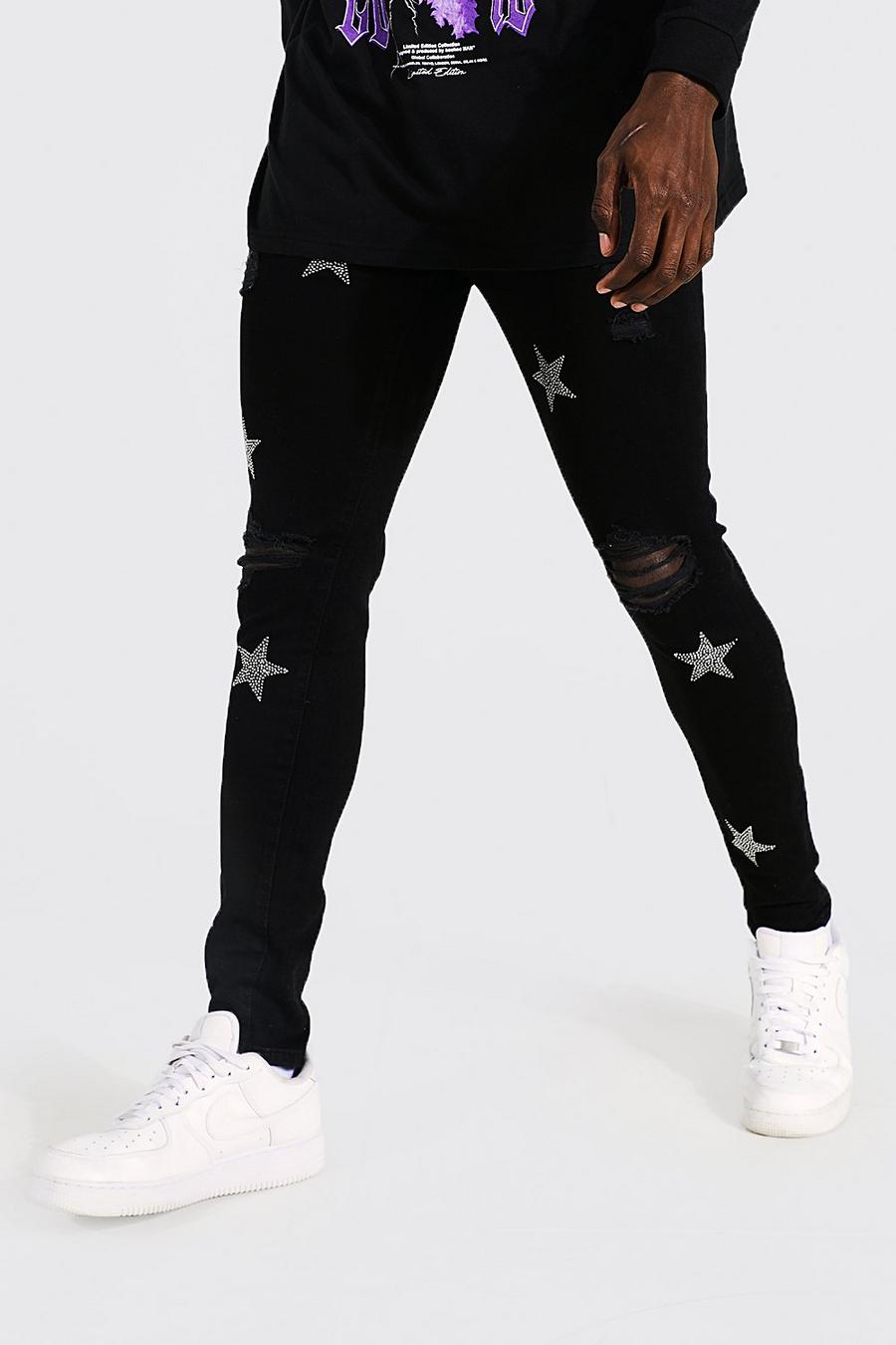 Black svart Skinny jeans med slitna knän och strass image number 1