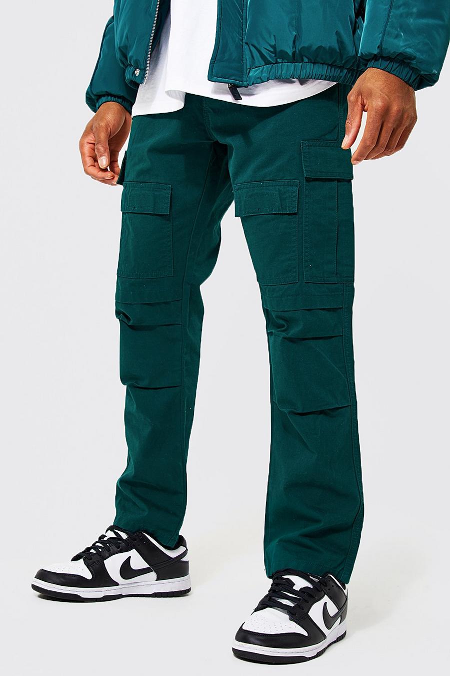 Green grön Straight Leg Multi Panel Cargo Trousers image number 1