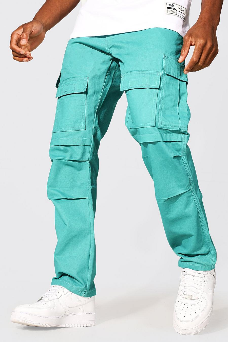 Blue Straight Leg Multi Panel Cargo Trousers image number 1