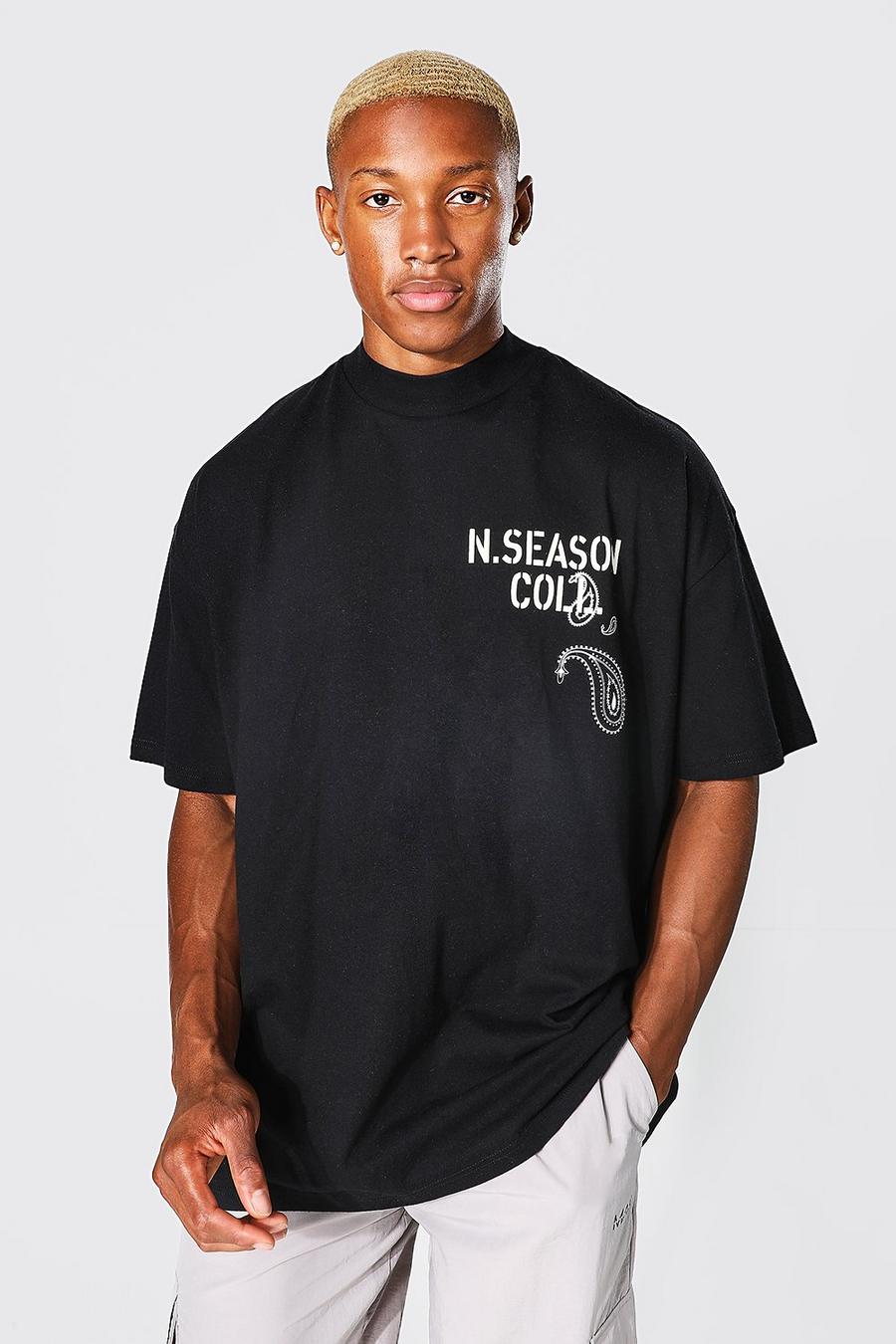 Oversize T-Shirt mit Barock-Print und Slogan, Black image number 1