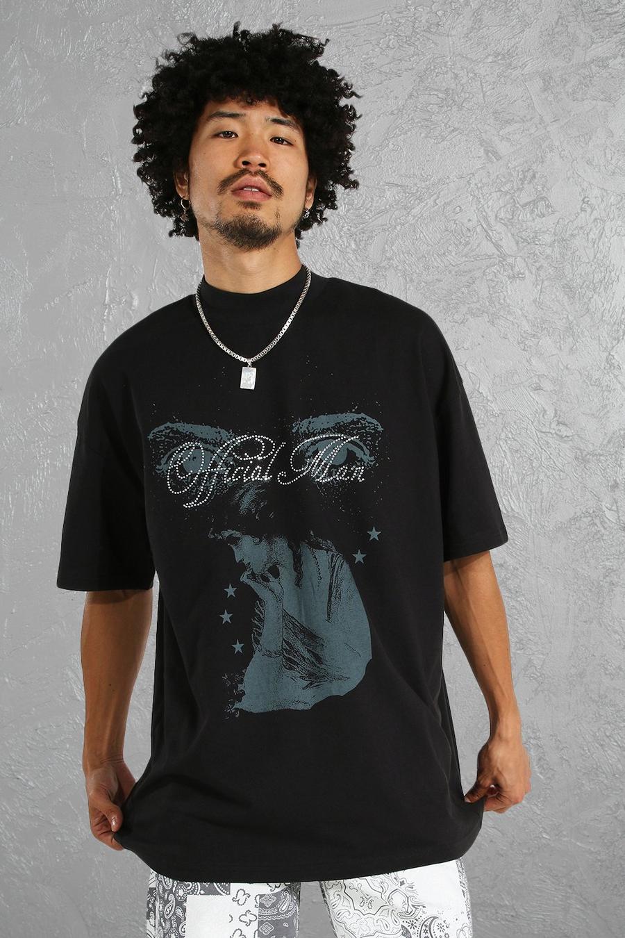 T-shirt oversize à imprimé et strass - MAN, Black image number 1