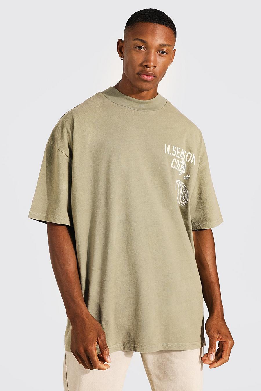Oversize Barock T-Shirt mit Acid-Waschung und Slogan, Khaki image number 1