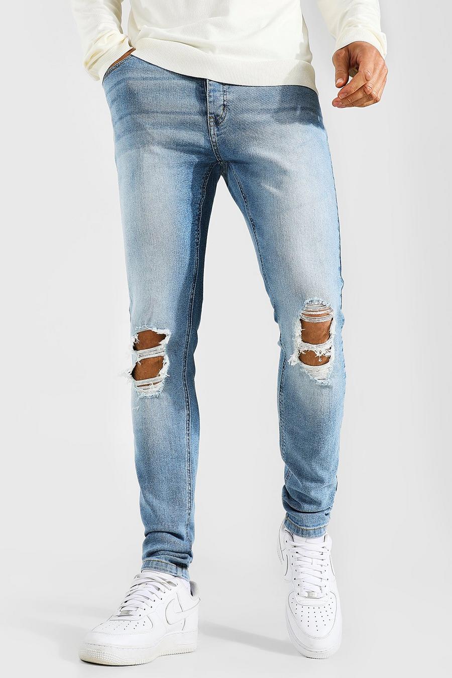 כחול בהיר ג'ינס סקיני עם קרעים בשתי הברכיים, לגברים גבוהים image number 1