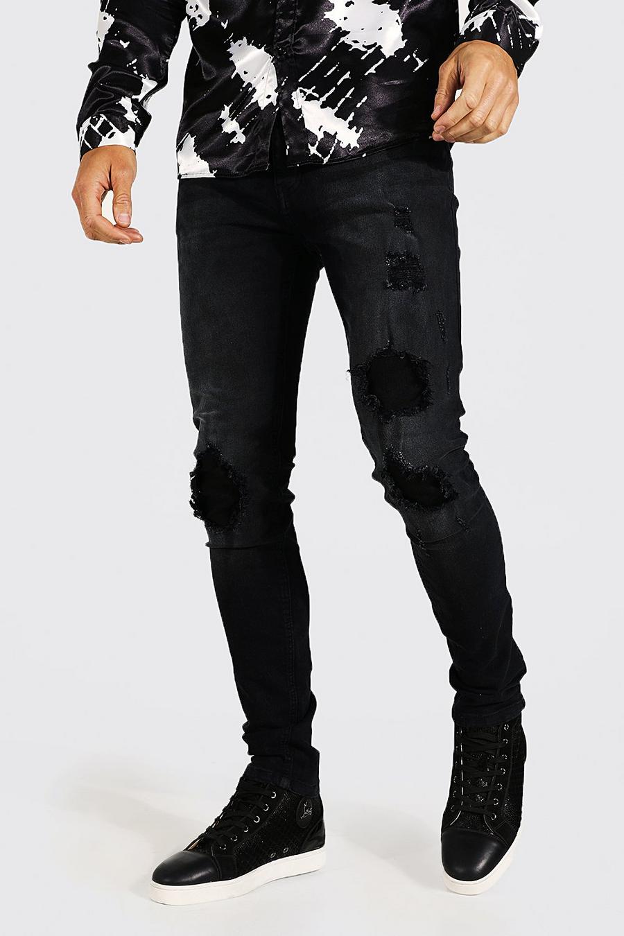 שחור nero סקיני ג'ינס עם קרעים וטלאים, מידות לגברים גבוהים