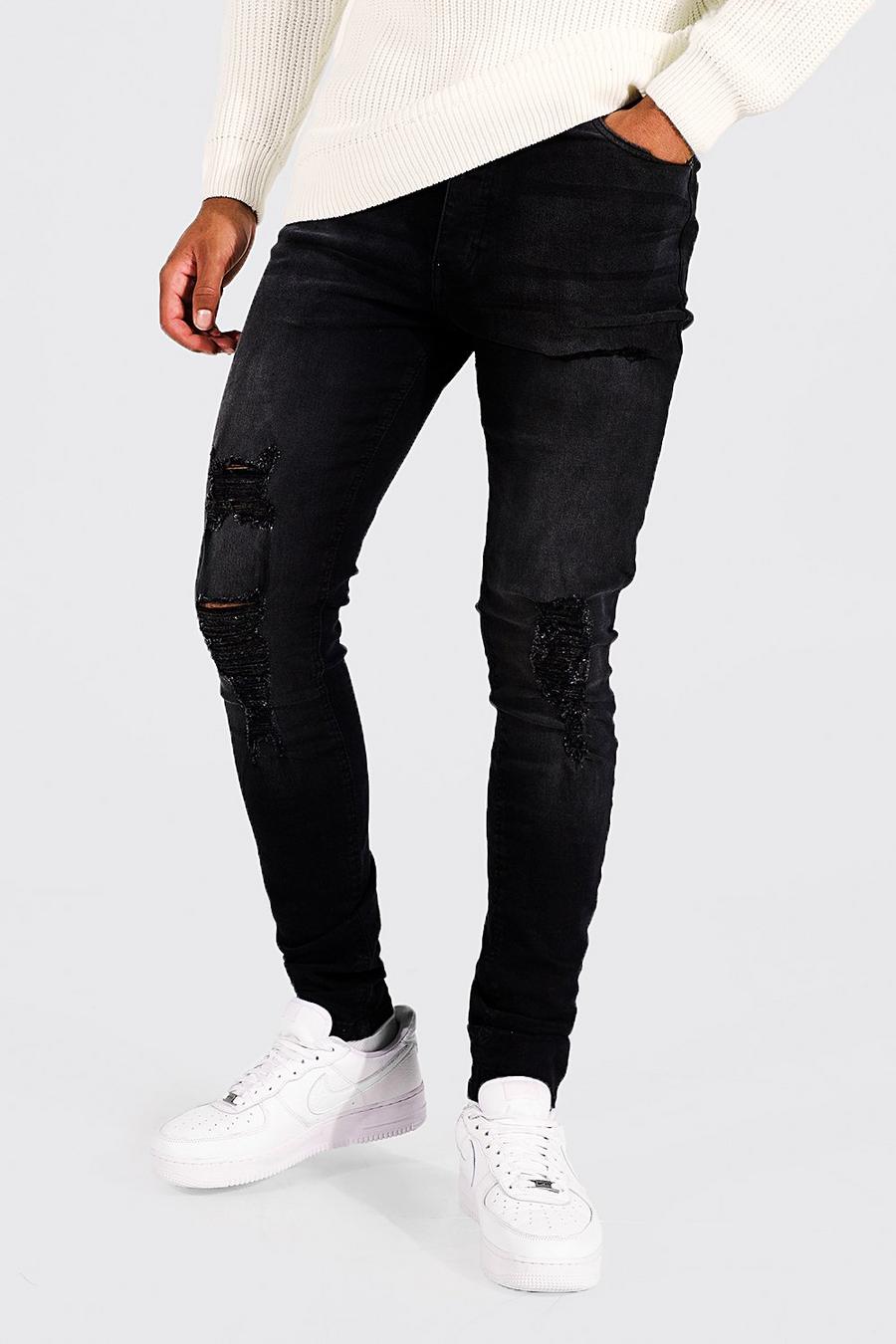 שחור סקיני ג'ינס עם קרעים בהדפס חוזר, לגברים גבוהים image number 1