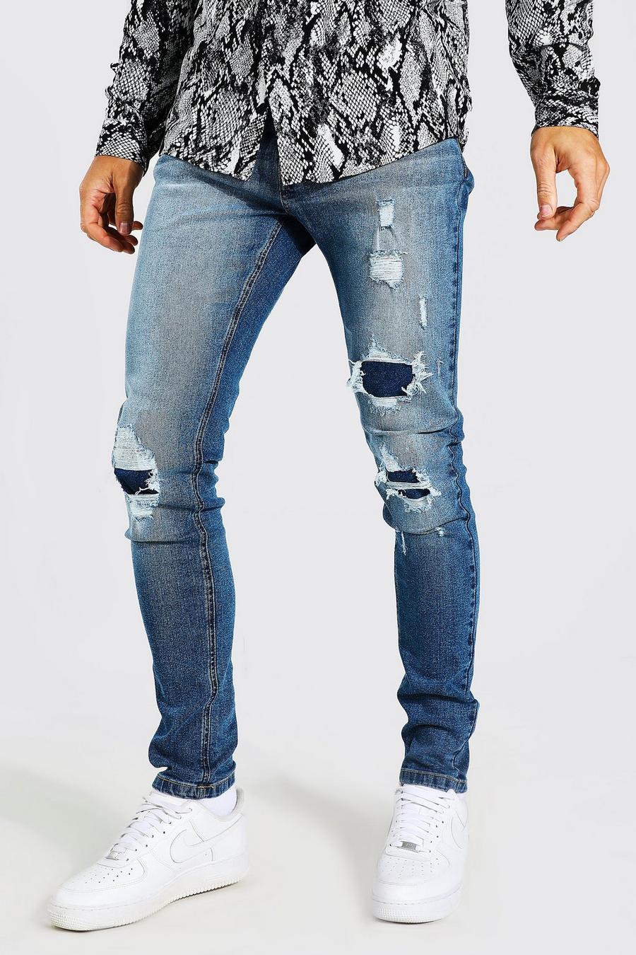 Mid blue blå Tall - Skinny jeans med slitage och lagningar image number 1