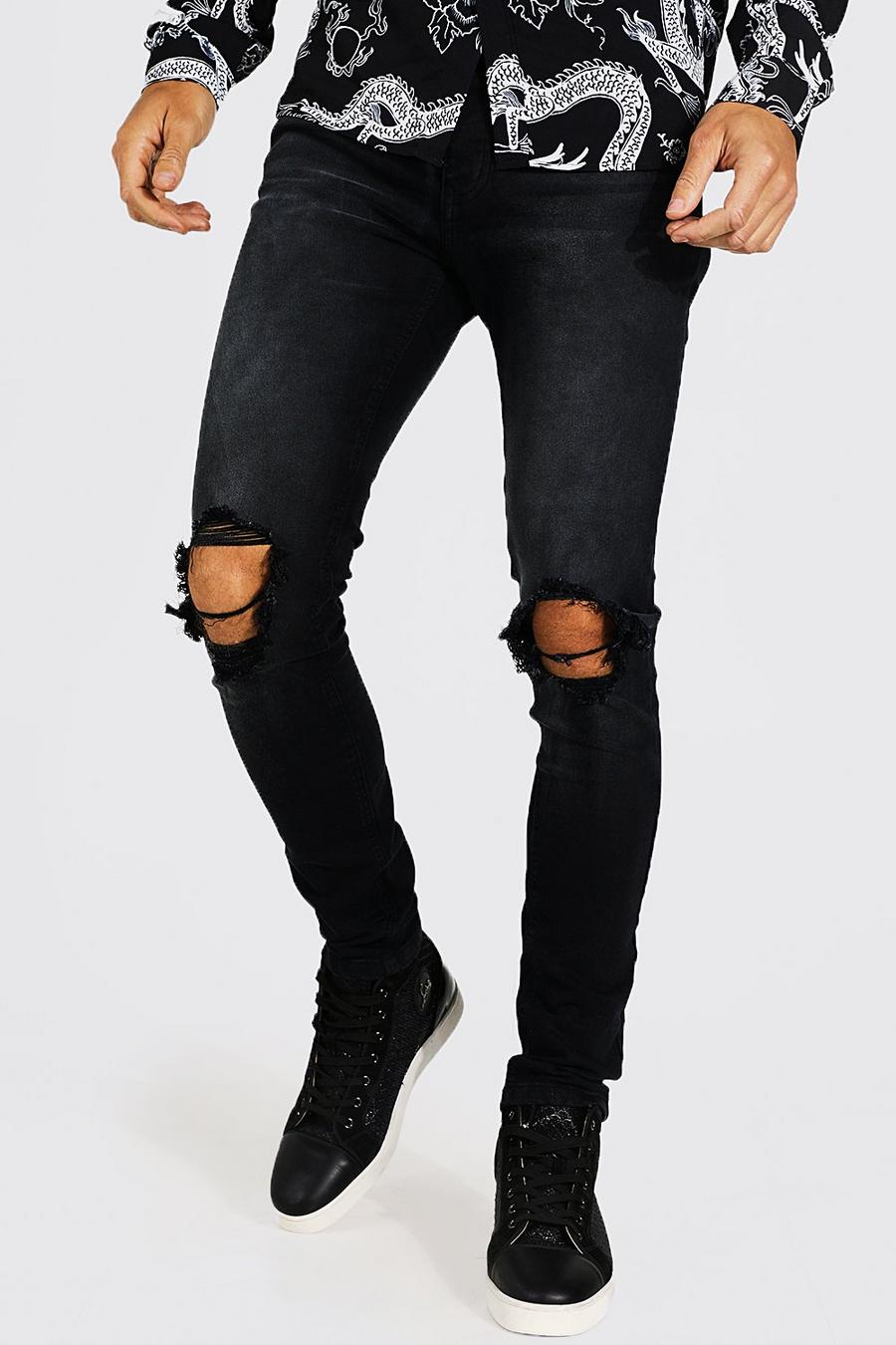שחור דהוי ג'ינס סקיני עם קרעים בשתי הברכיים, לגברים גבוהים image number 1