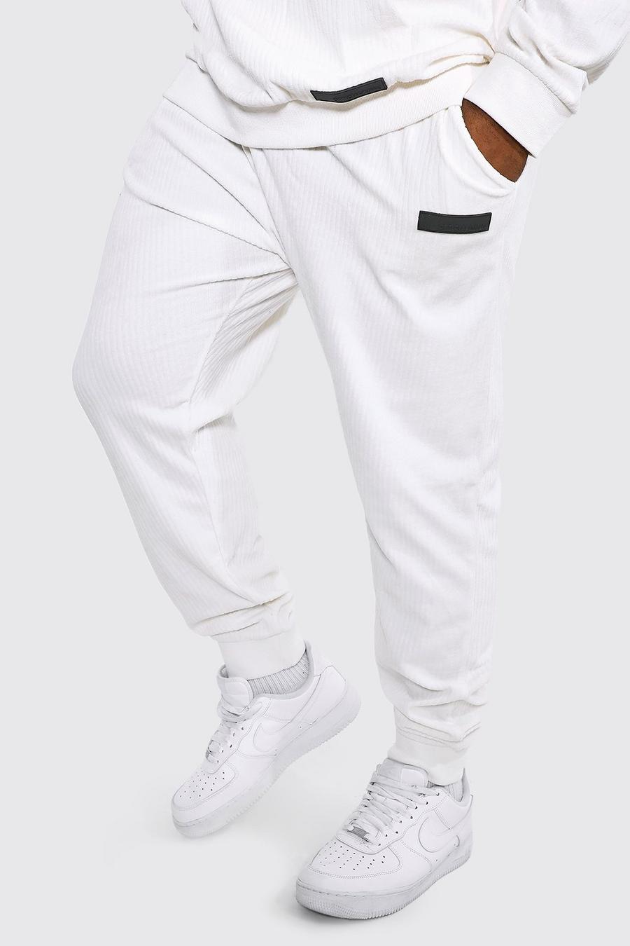 Pantalón deportivo Plus de tela jersey y canalé ajustado con etiqueta, Ecru white image number 1