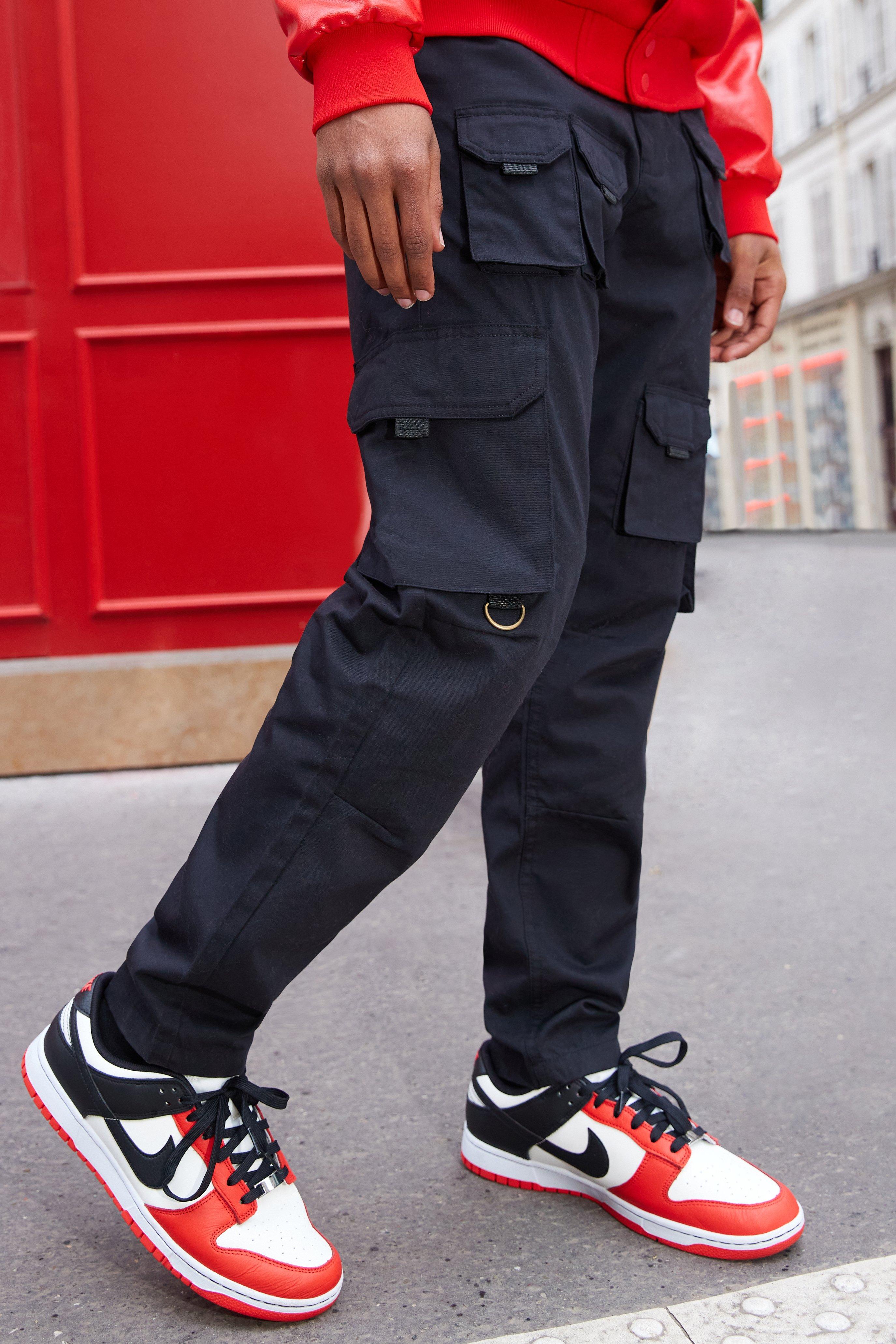 Red and store black cargo trousers