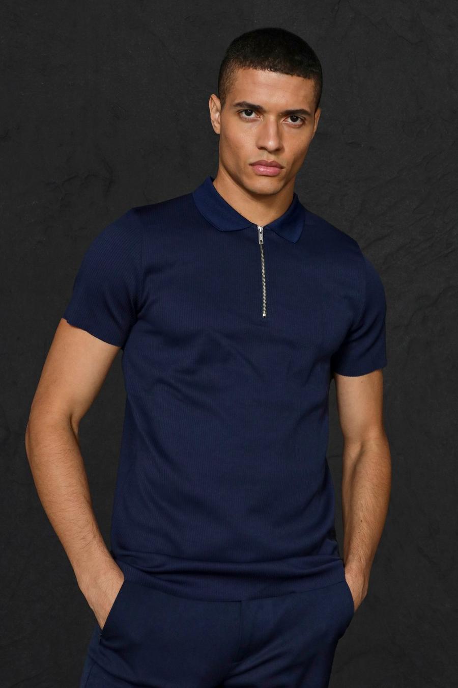 Navy Slim Fit Pleated Zip Neck Polo image number 1