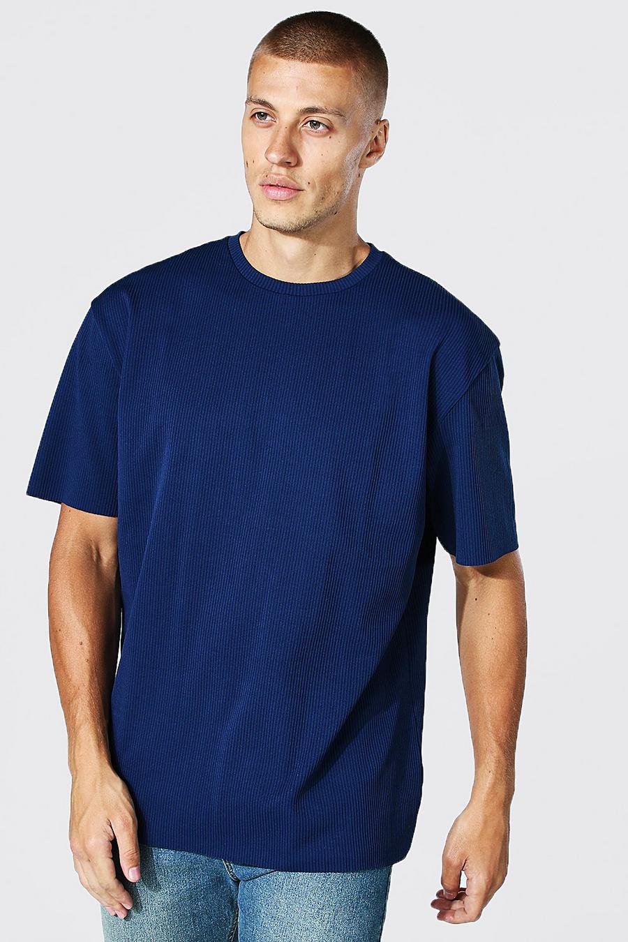Navy marinblå Plisserad t-shirt med rund hals image number 1