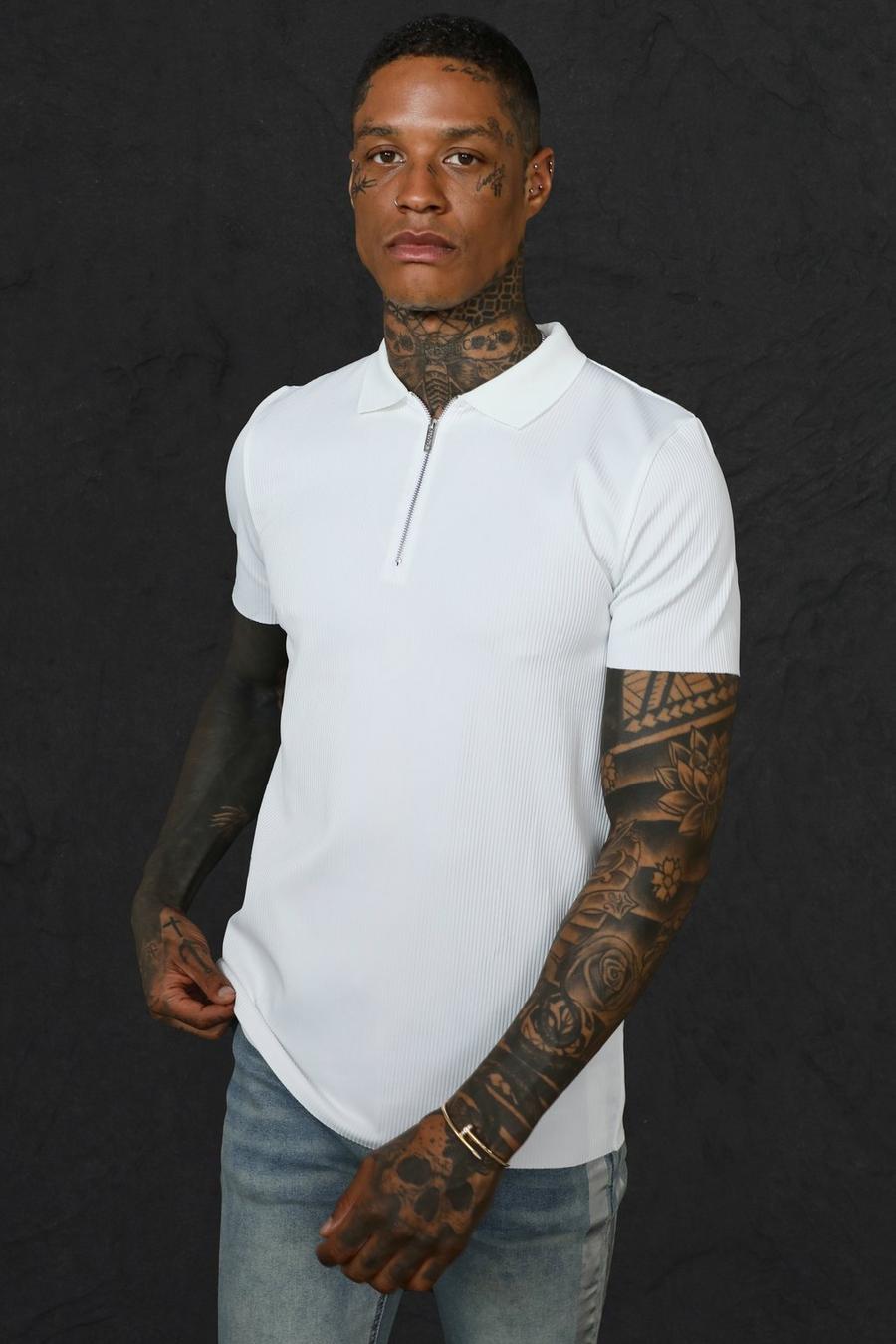 White Slim Fit Pleated Zip Neck Polo image number 1