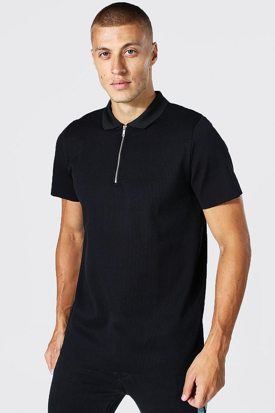 Black Slim Fit Pleated Zip Neck Polo image number 1