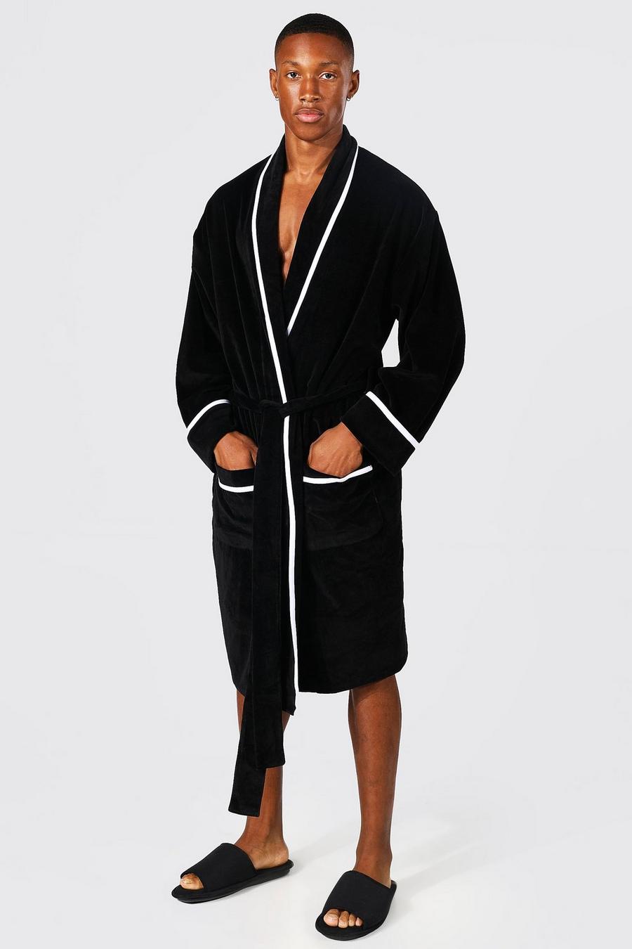 Black Piped Towelling Dressing Gown image number 1
