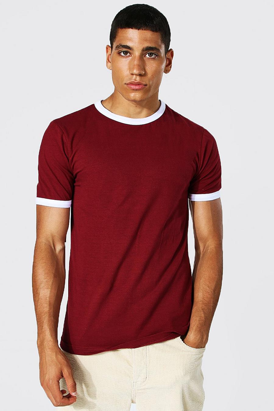 T-shirt près du corps à col et bords contrastants, Burgundy image number 1