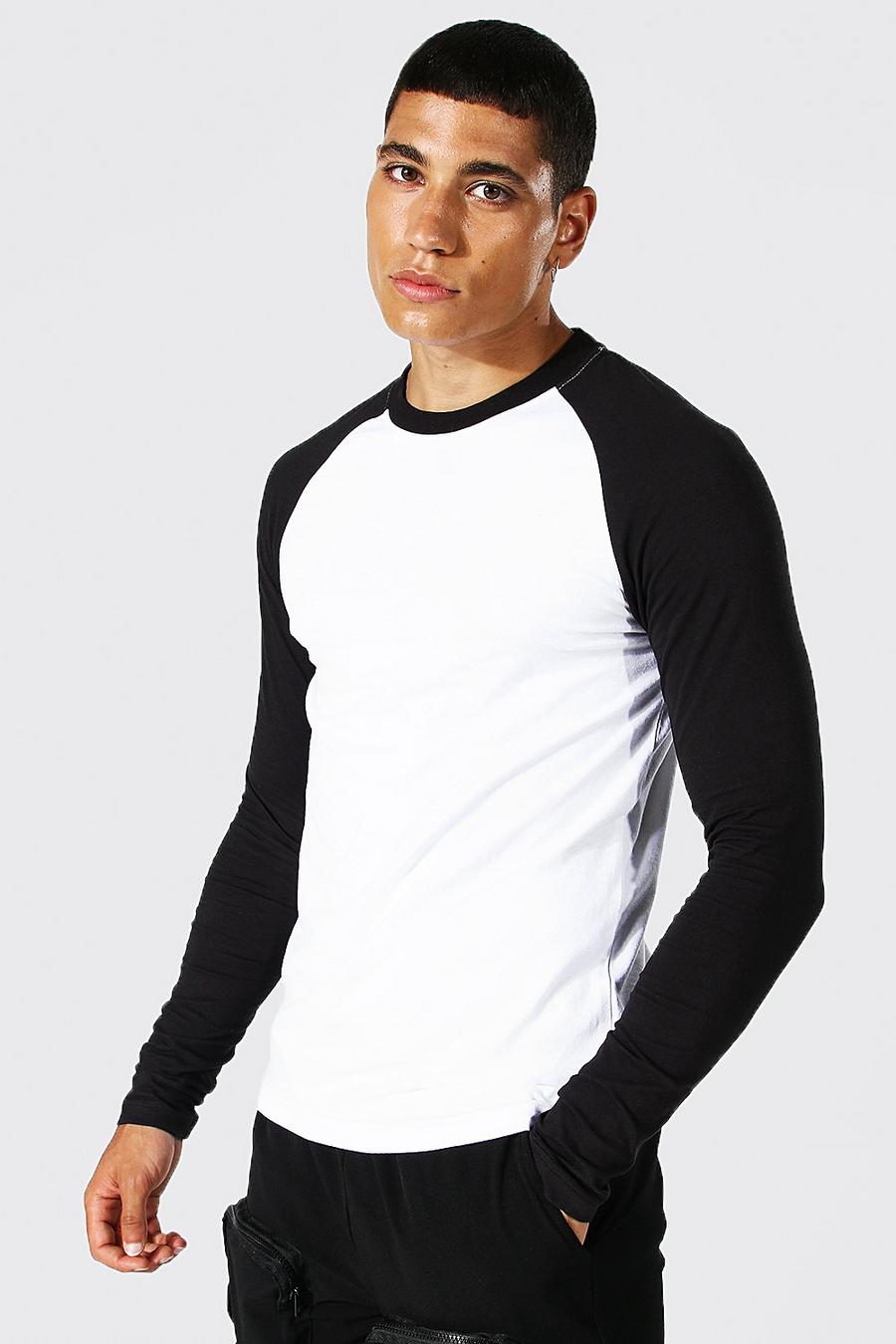 Camiseta de ranglán de manga larga ajustada al músculo, White bianco image number 1