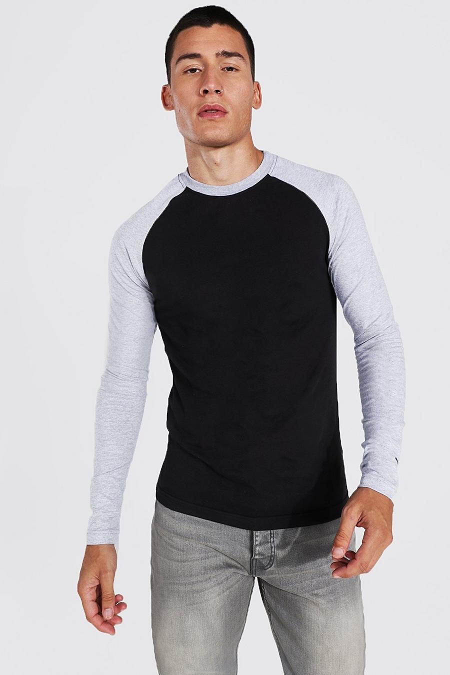 Black svart Långärmad t-shirt i muscle fit med raglanärm image number 1