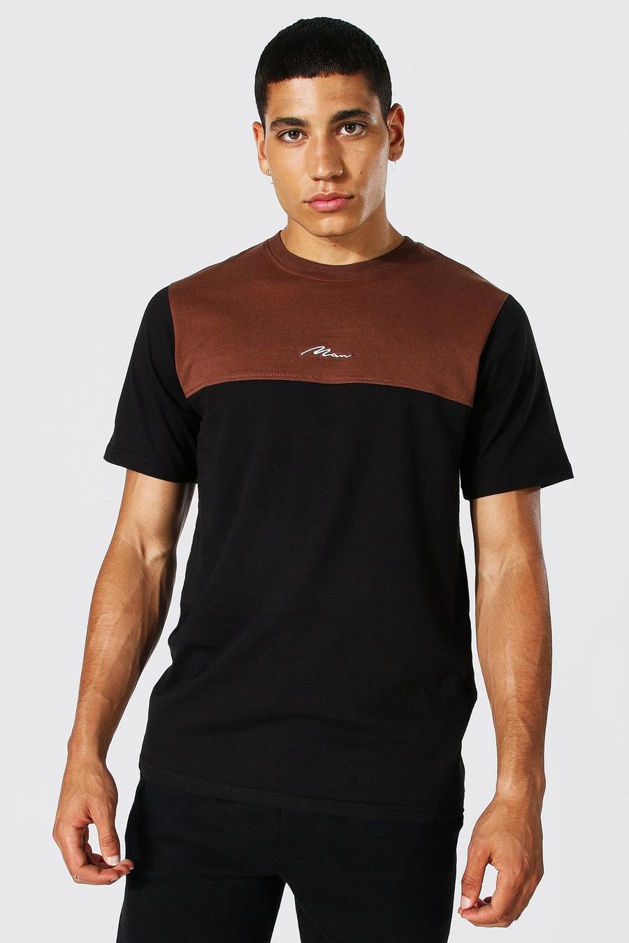 Brown Man Signature Slim Fit Colour Block T-Shirt image number 1