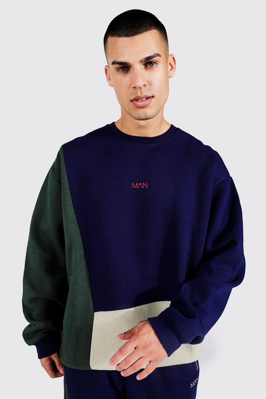 Oversize Man Colorblock Sweatshirt, Navy marineblau image number 1