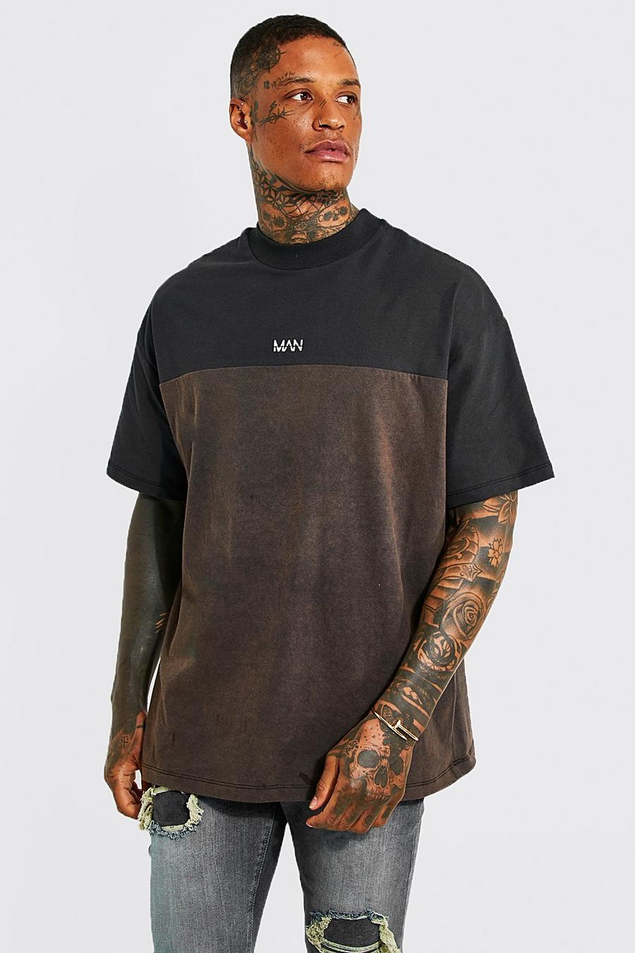 Charcoal grå Oversized Man Colour Block Acid Wash T-shirt image number 1