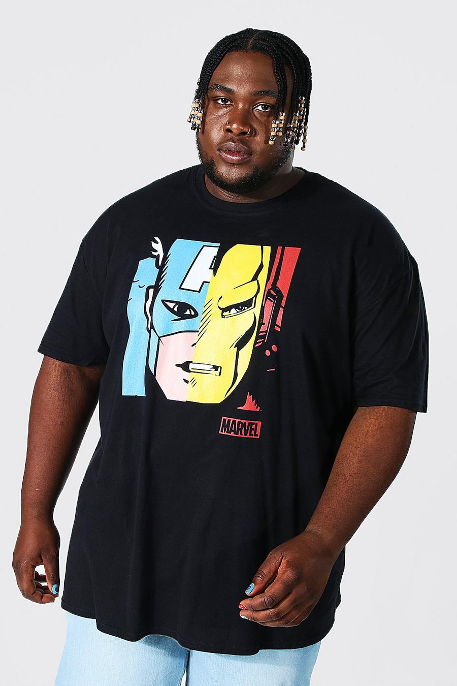 T-Shirt mit lizenziertem „Marvel Spliced Character“-Print, Plus, Schwarz noir image number 1