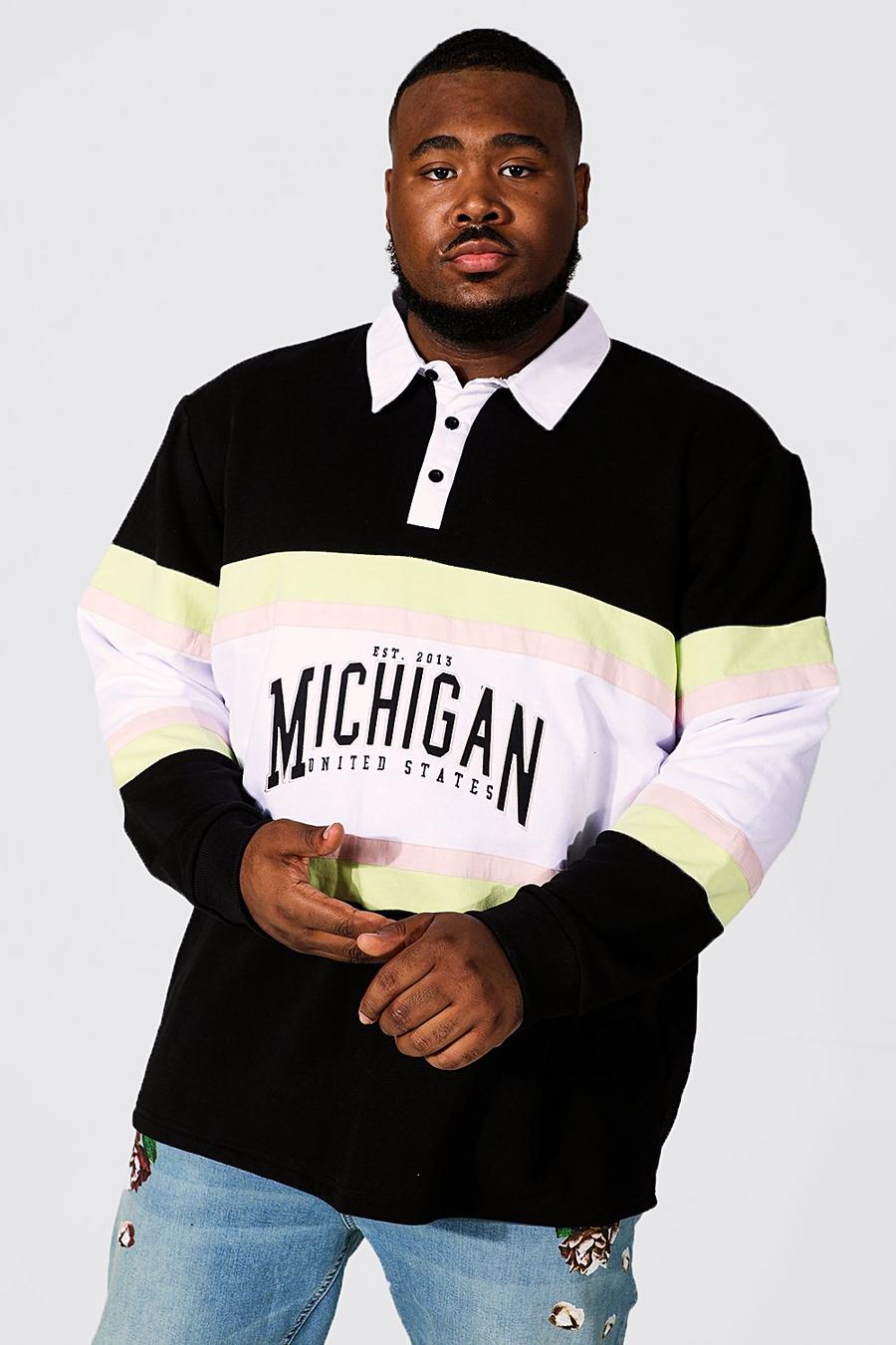 Black Plus Colour Block Michigan Varsity Rugby Polo image number 1