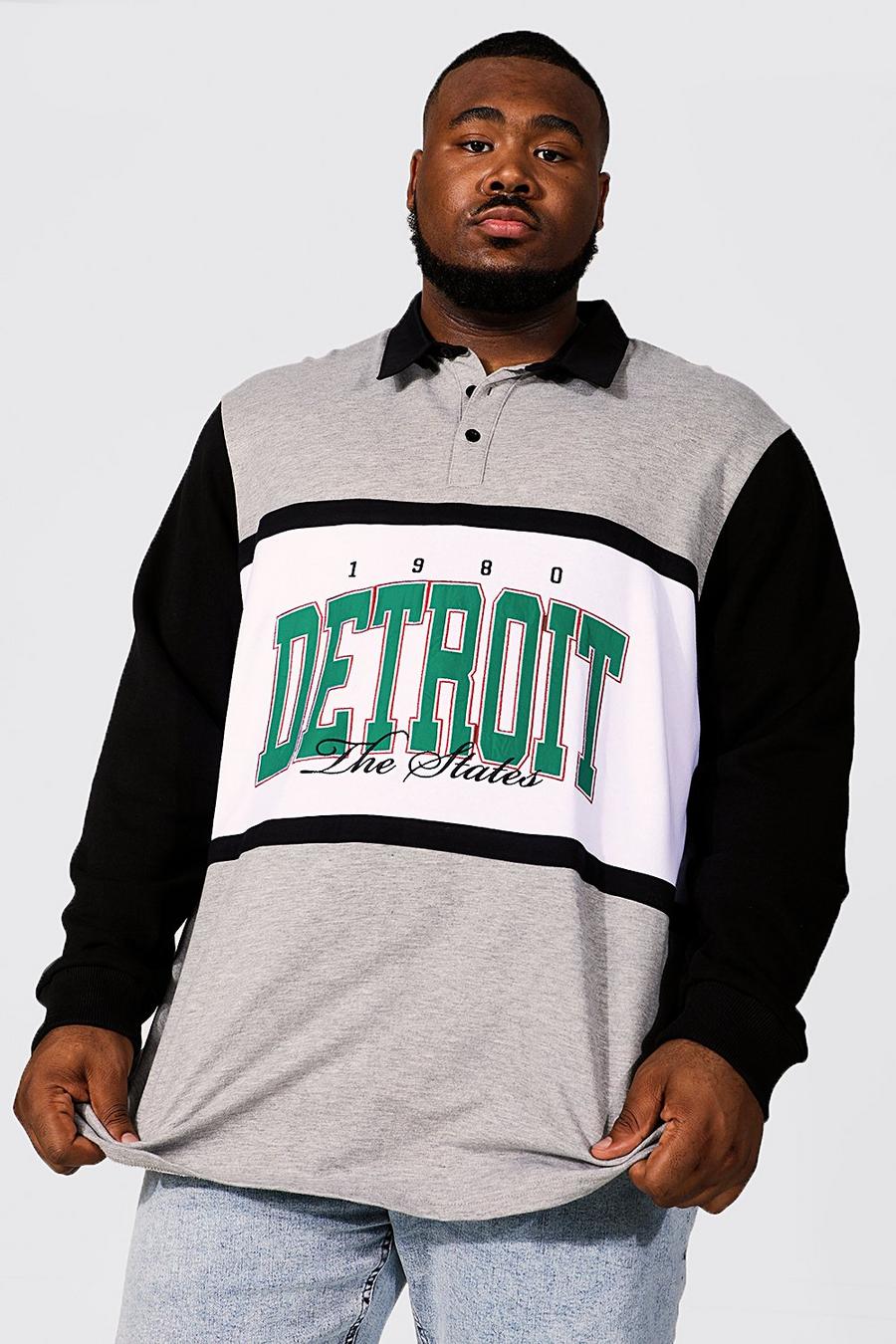 סלע אפור חולצת פולו רוגבי קולור בלוק עם כיתוב Detroit, למידות גדולות image number 1