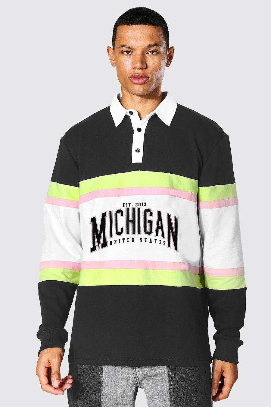 Black Tall Michigan Varsity Colour Block Rugby Polo image number 1